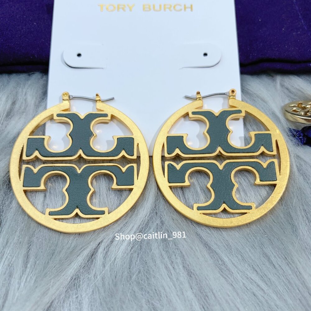 NEW Tory Burch Inlay Leather Miller Hoop Statement Earrings in Gold/BK Leather - Picture 3 of 5